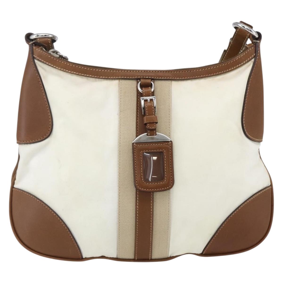 PRADA Shoulder Bag Nylon Beige Silver Auth ka273
