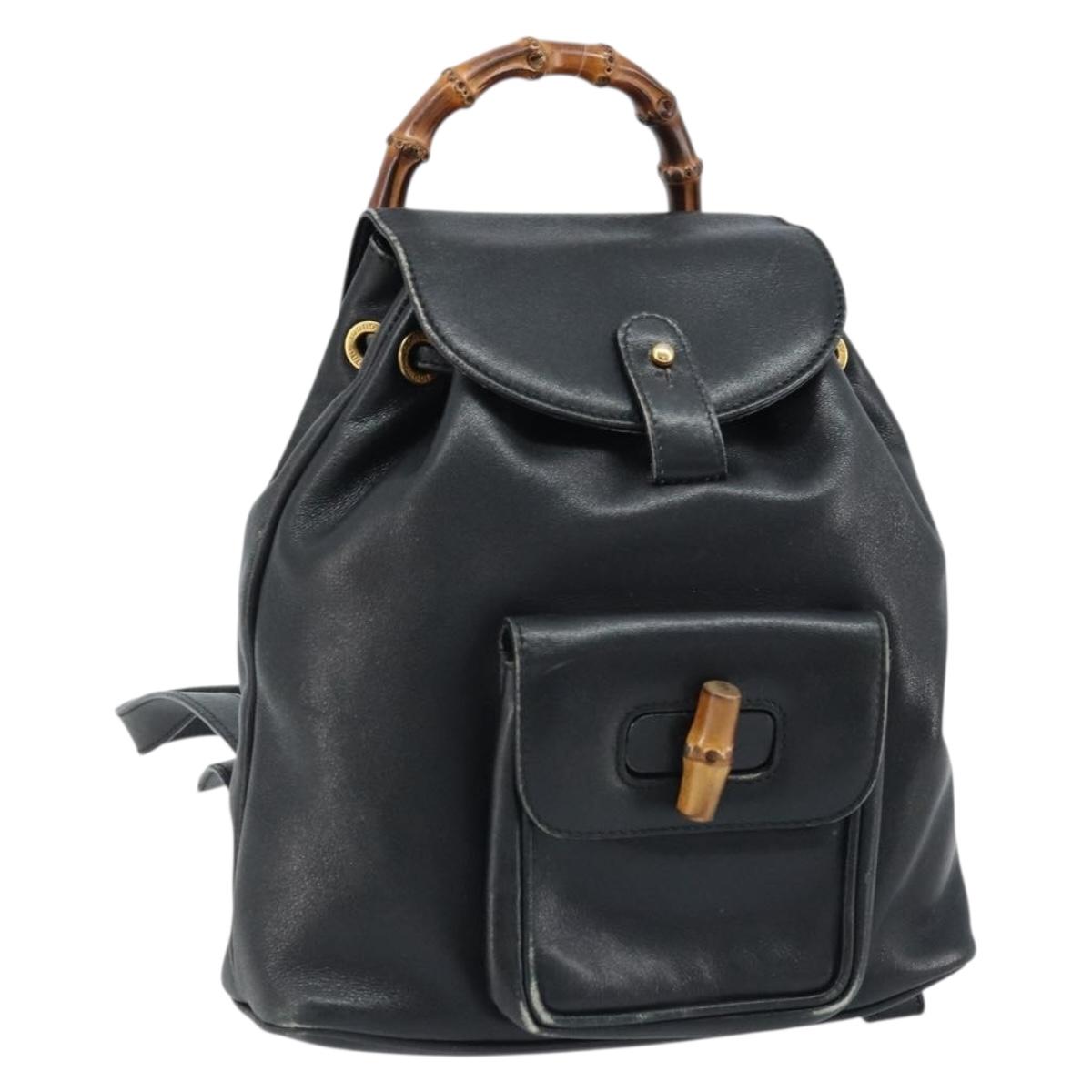 GUCCI Bamboo Backpack Leather Black Gold 003 1705 0030 Auth ka2738