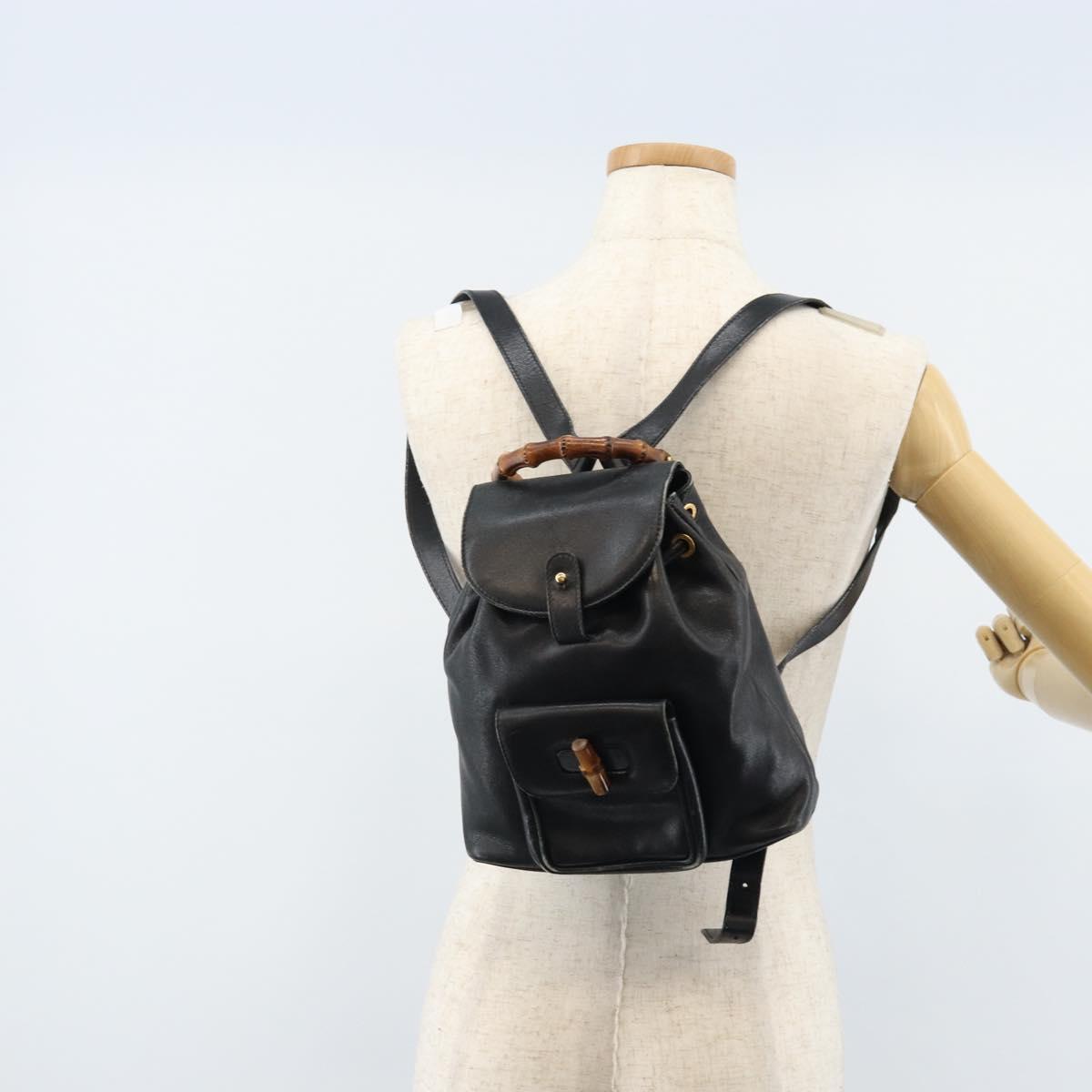 GUCCI Bamboo Backpack Leather Black Gold 003 1705 0030 Auth ka2738