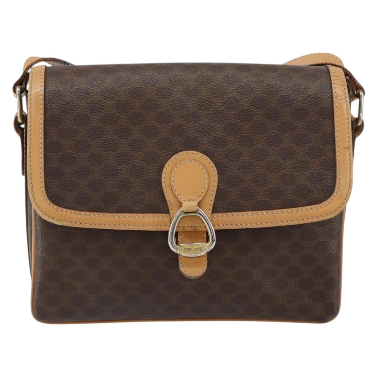 CELINE Macadam Canvas Shoulder Bag PVC Leather Brown Gold Auth ka274