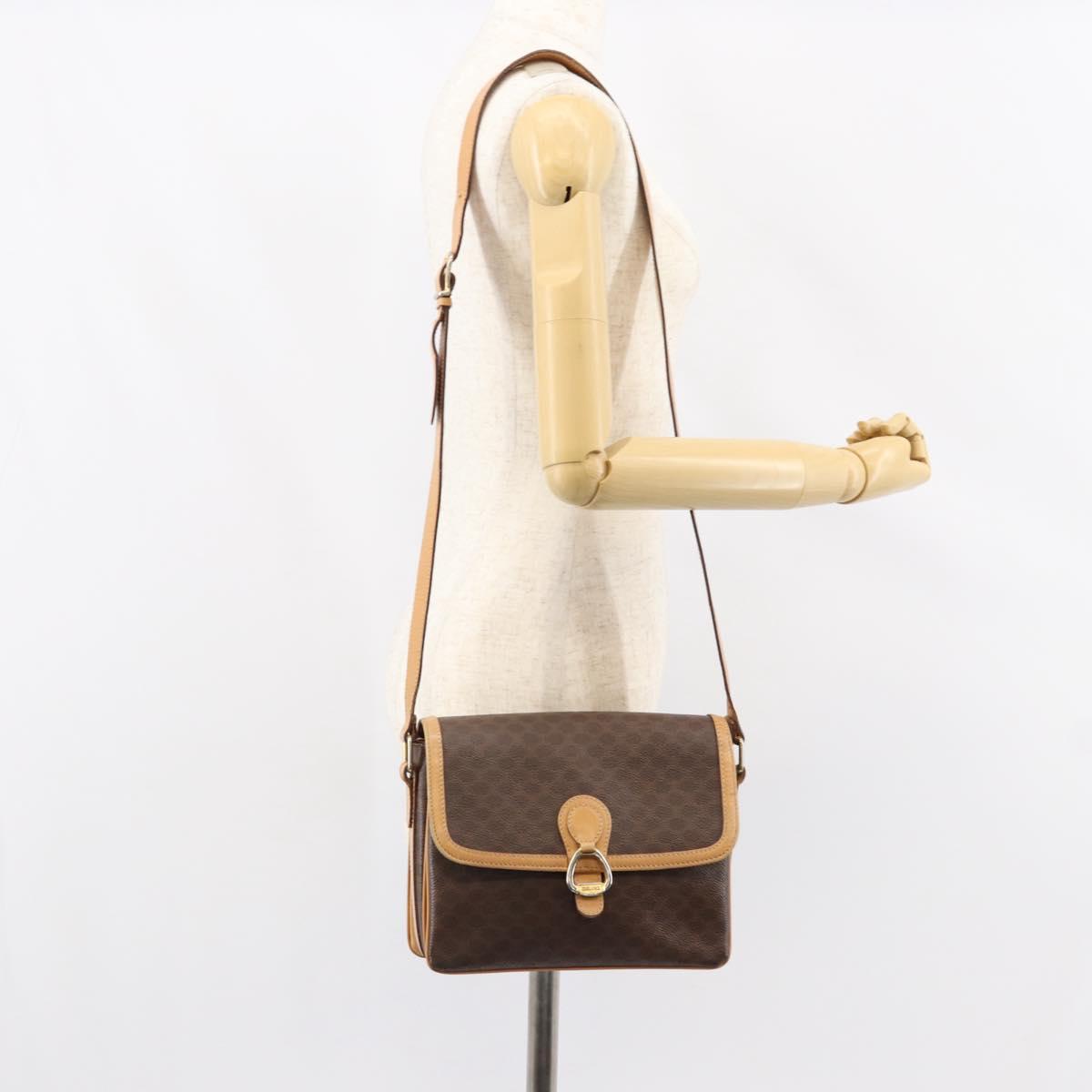 CELINE Macadam Canvas Shoulder Bag PVC Leather Brown Gold Auth ka274