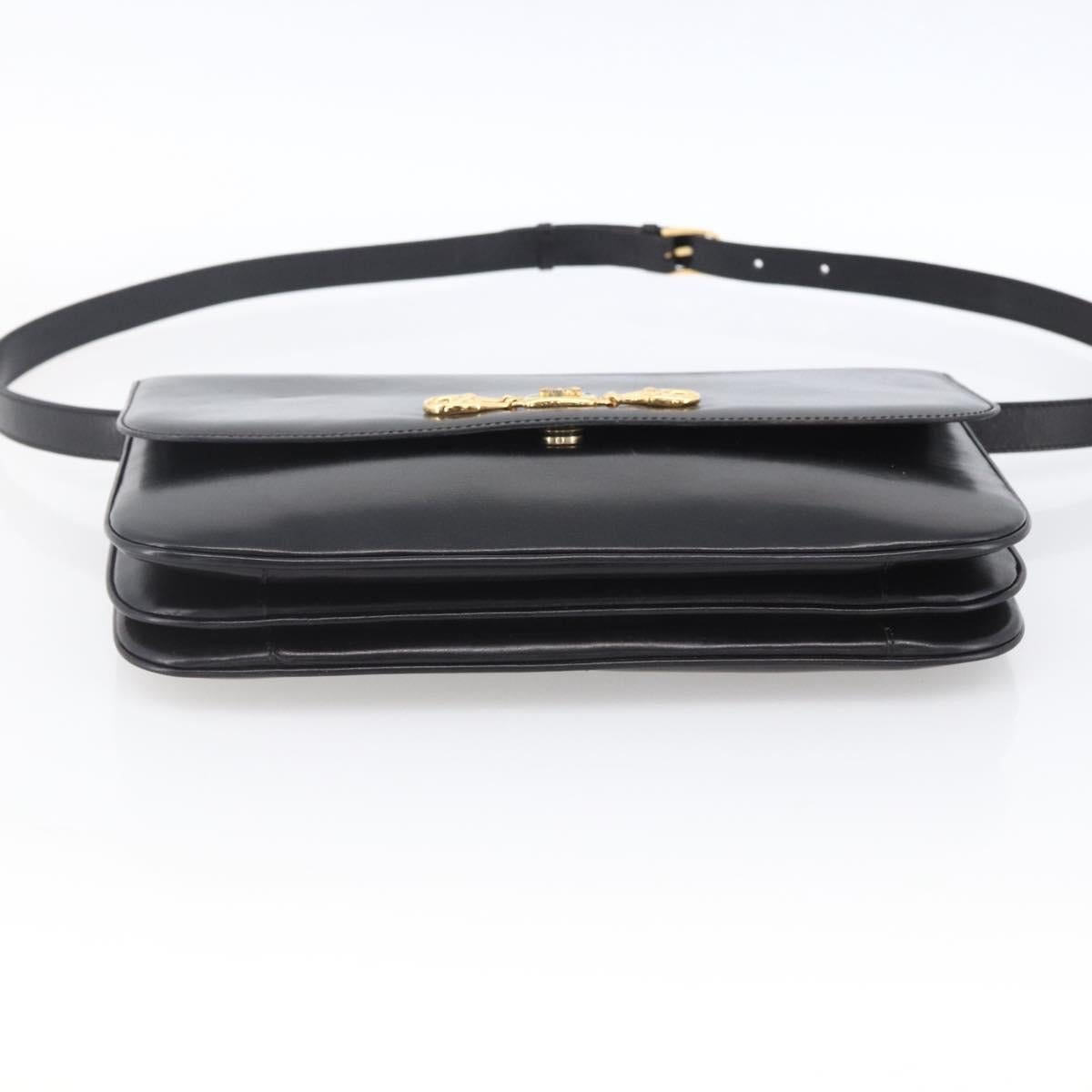 CELINE Horsebit Shoulder Bag Leather Black Gold Auth ka2765