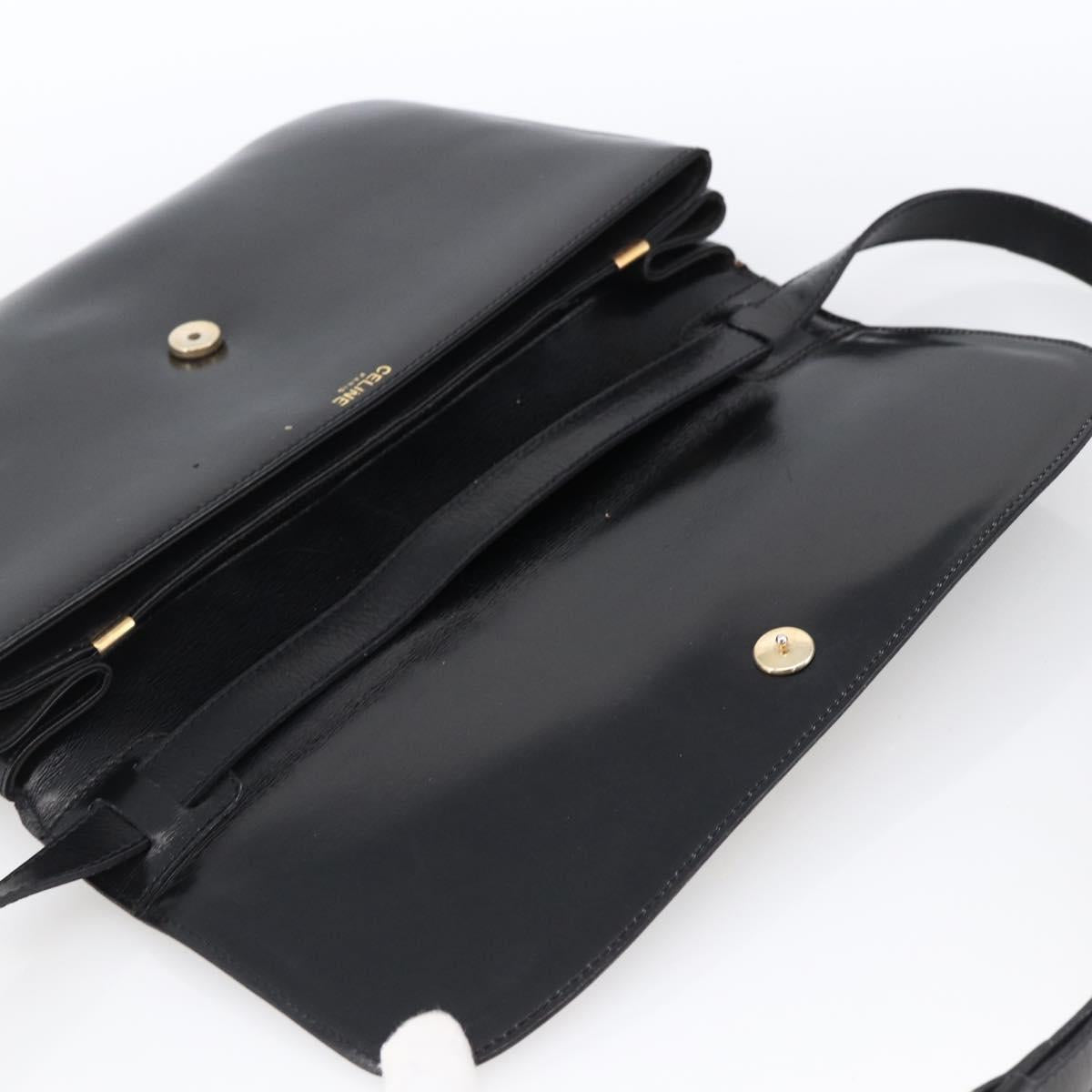 CELINE Horsebit Shoulder Bag Leather Black Gold Auth ka2765