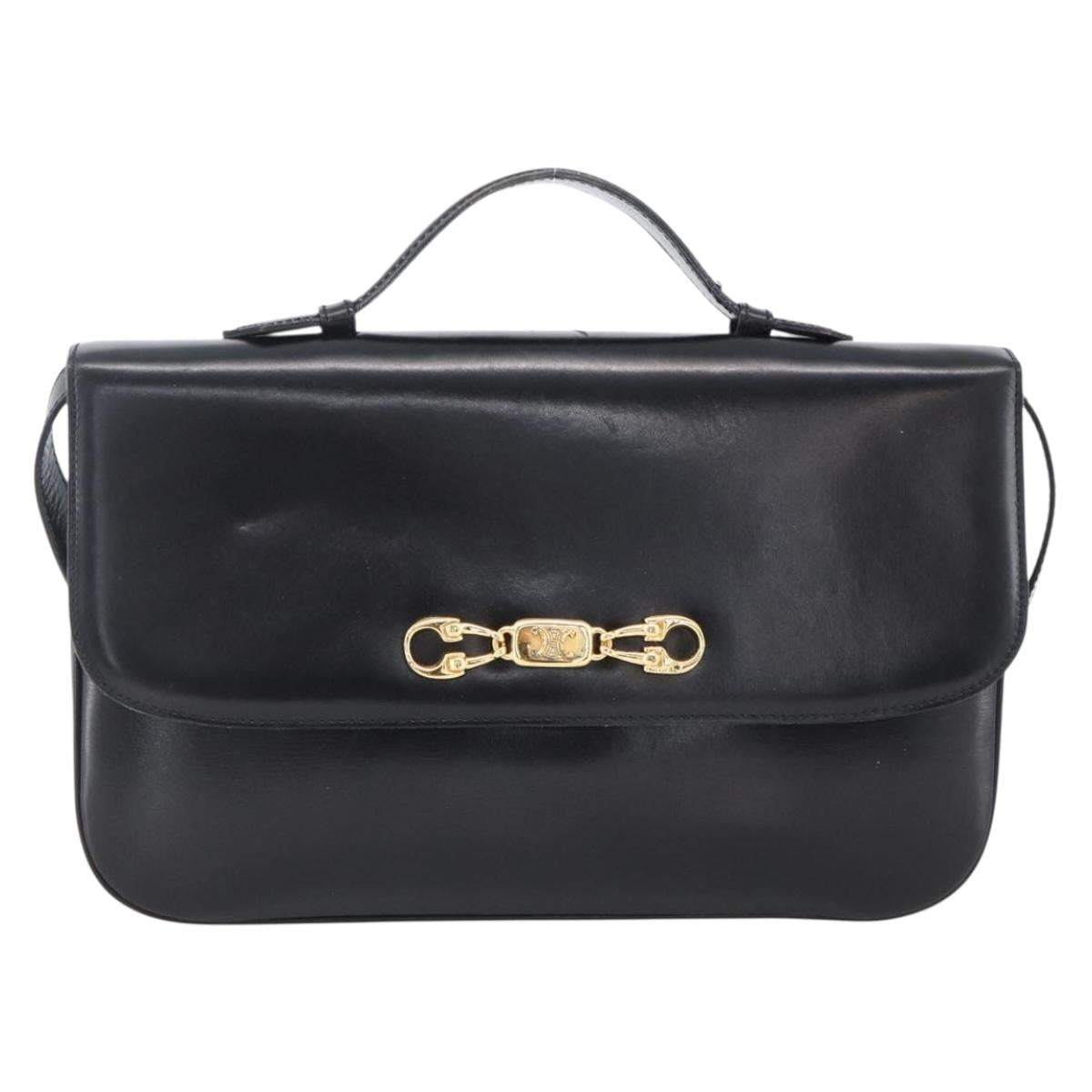 CELINE Horsebit Shoulder Bag Leather Black Gold Auth ka2765