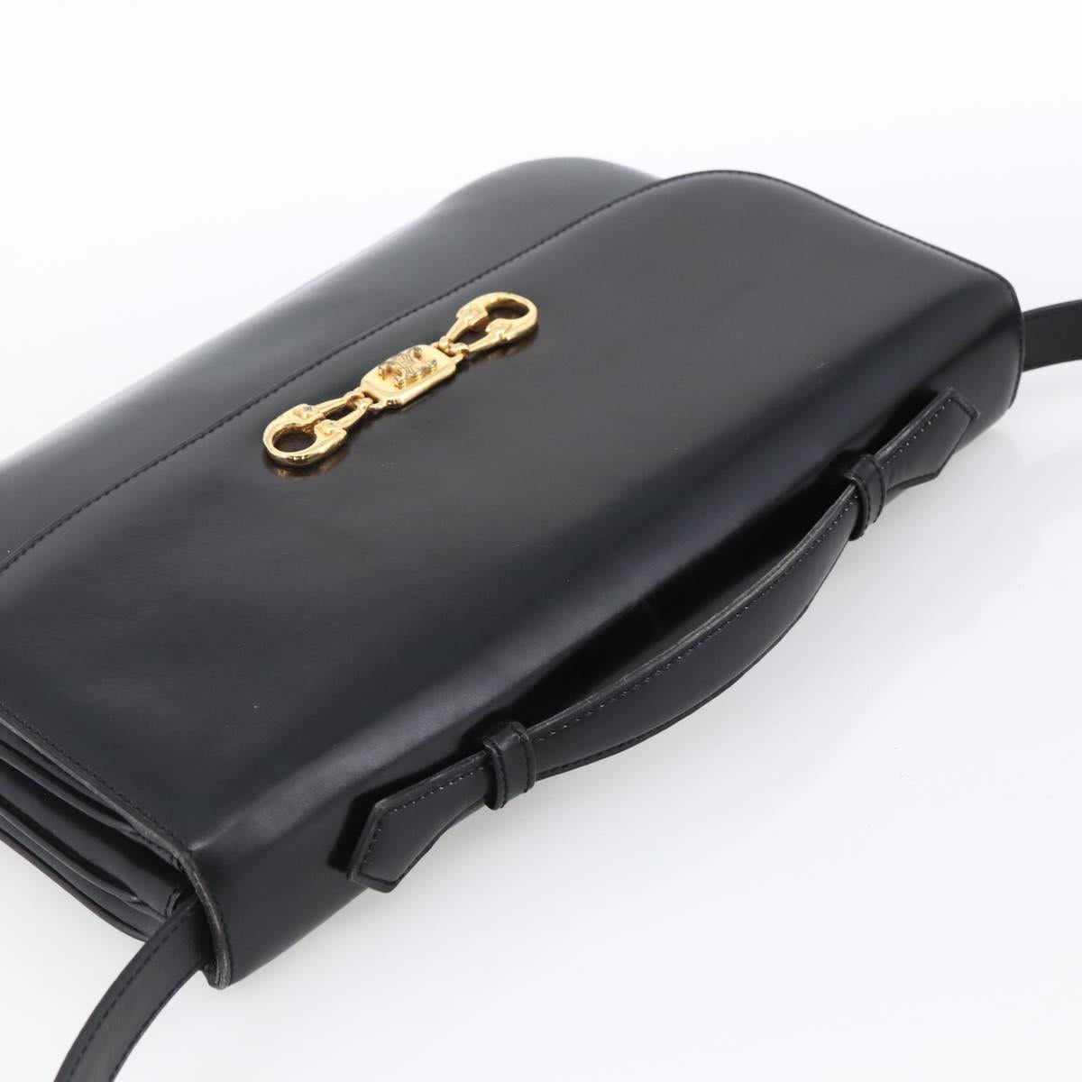 CELINE Horsebit Shoulder Bag Leather Black Gold Auth ka2765