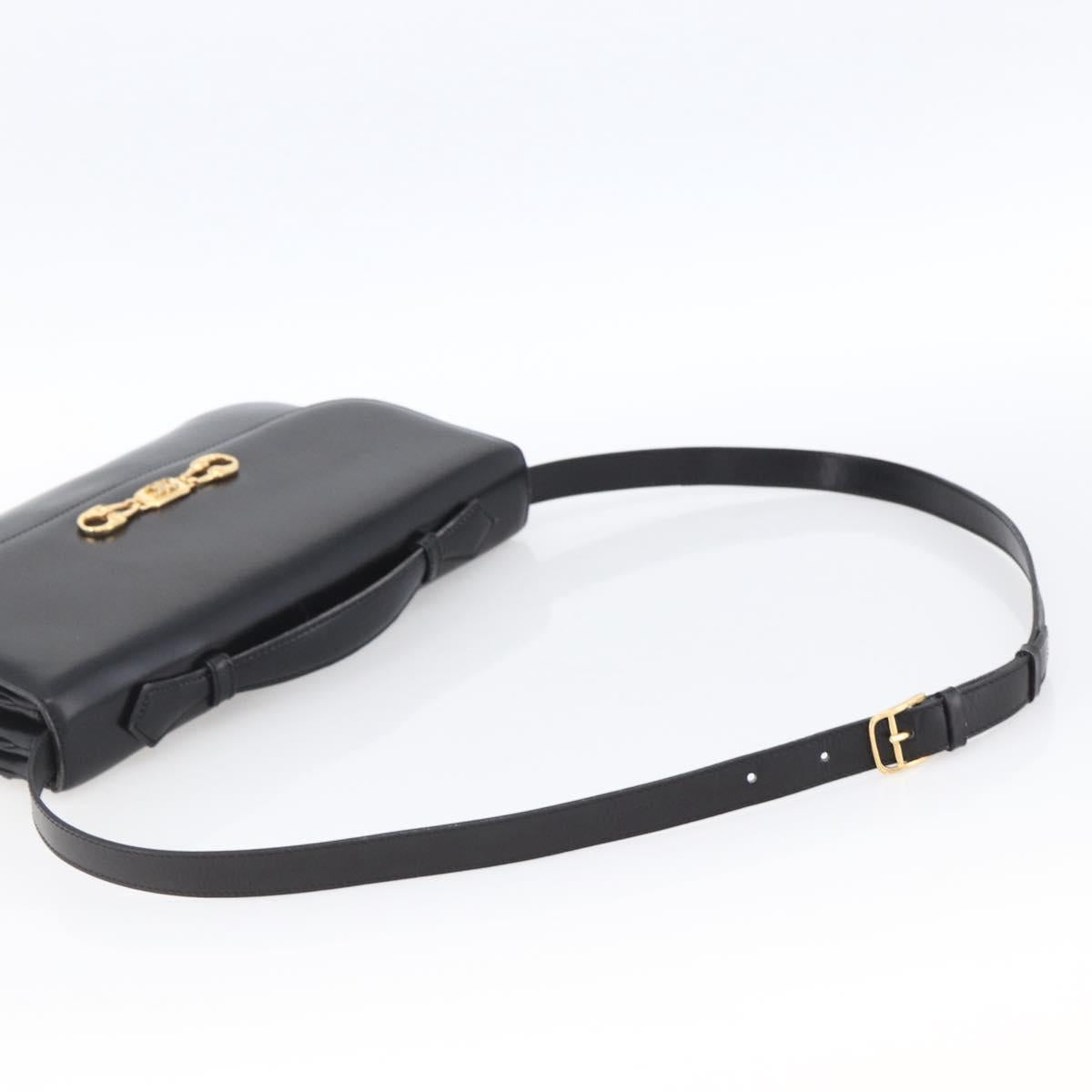CELINE Horsebit Shoulder Bag Leather Black Gold Auth ka2765