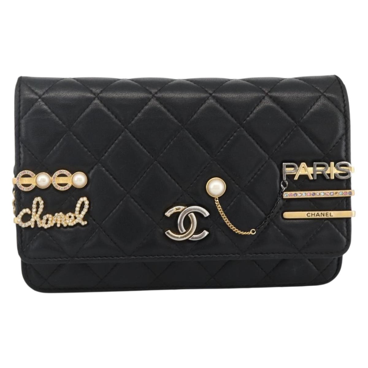 CHANEL Matelasse Chain Shoulder Bag Lamb Skin Black Gold CC Auth ka2771A