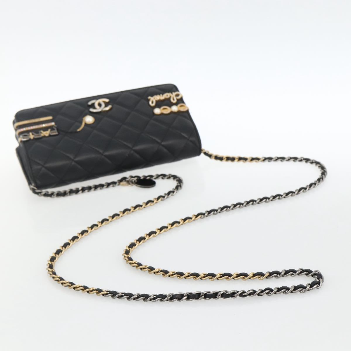 CHANEL Matelasse Chain Shoulder Bag Lamb Skin Black Gold CC Auth ka2771A
