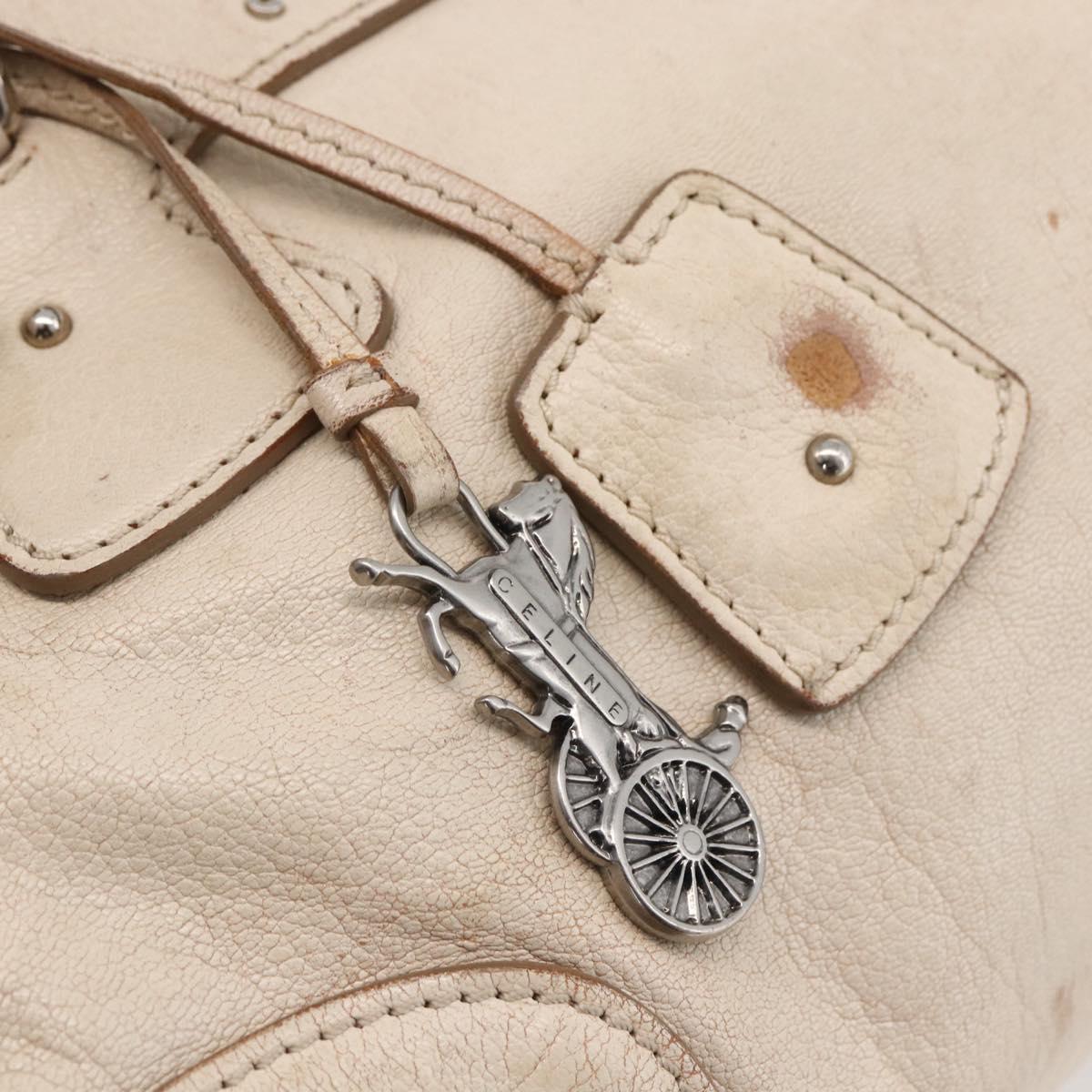 CELINE Boston Bag Leather White Silver Auth ka2783