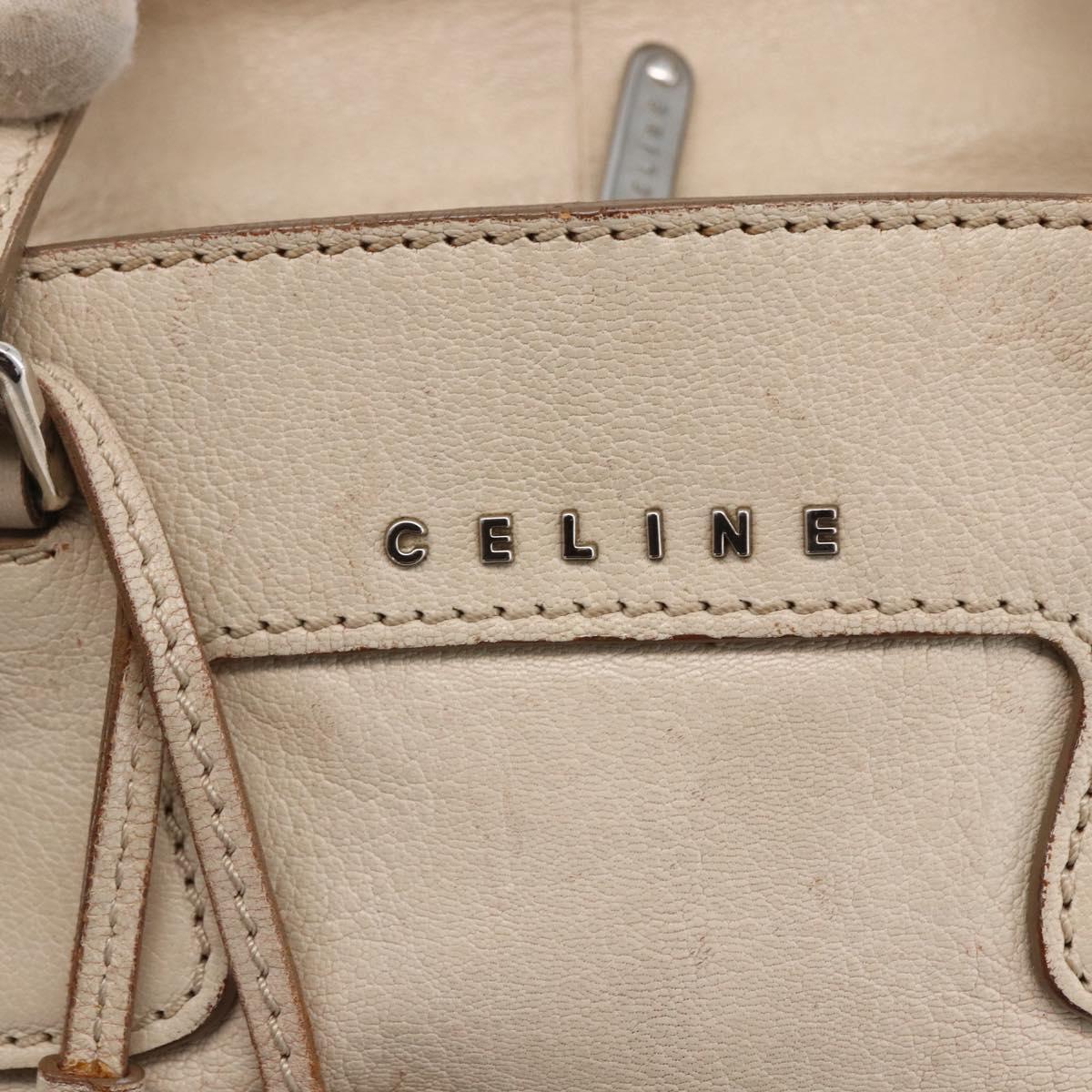 CELINE Boston Bag Leather White Silver Auth ka2783
