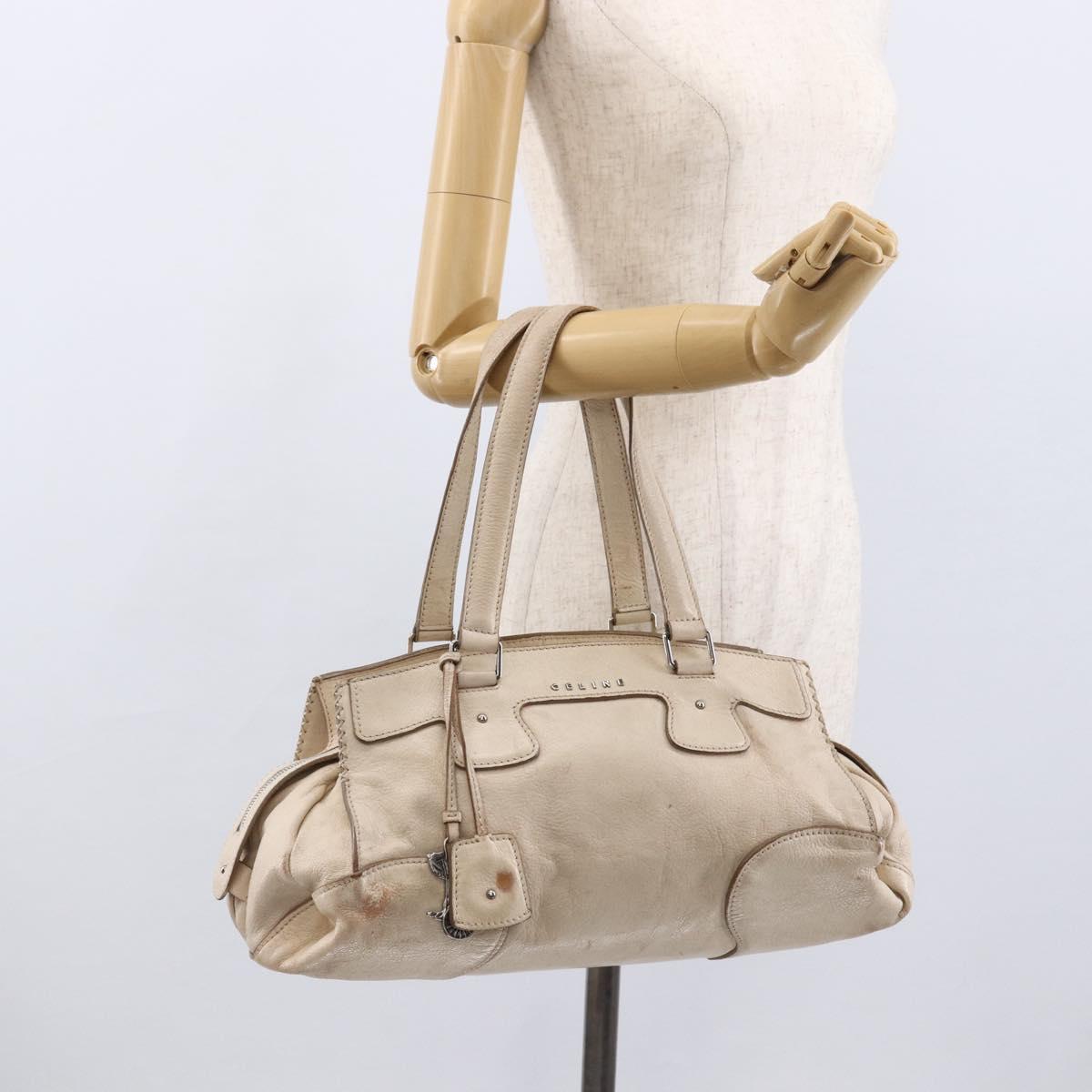 CELINE Boston Bag Leather White Silver Auth ka2783