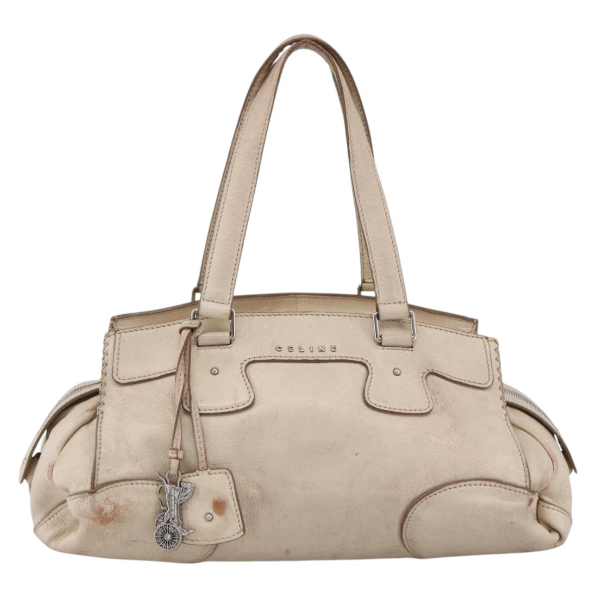 CELINE Boston Bag Leather White Silver Auth ka2783