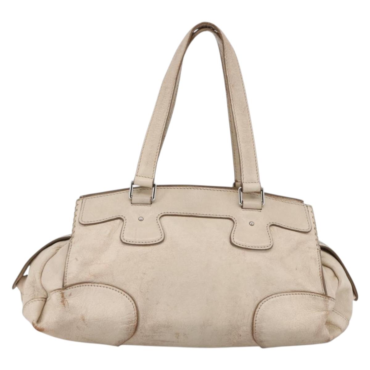 CELINE Boston Bag Leather White Silver Auth ka2783