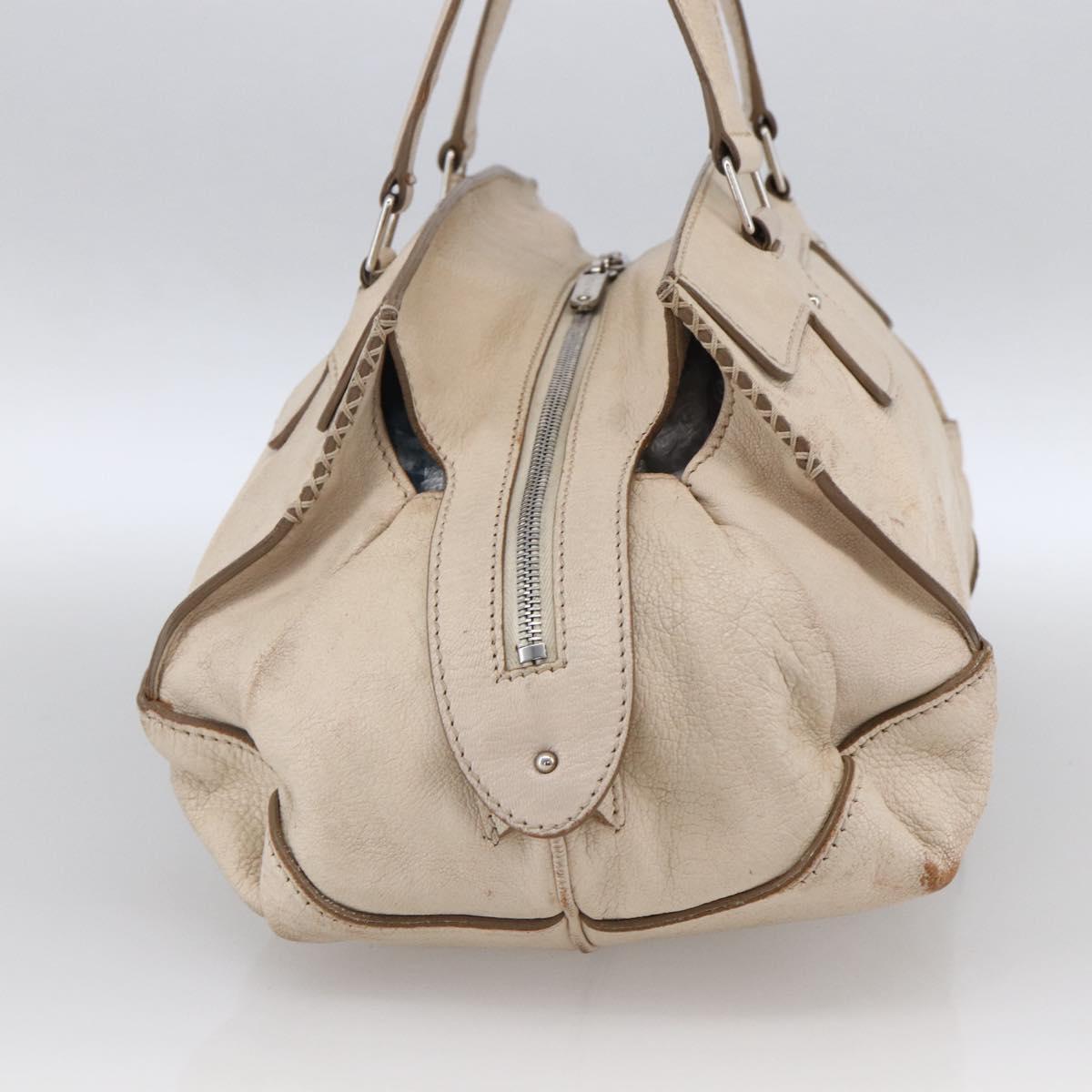 CELINE Boston Bag Leather White Silver Auth ka2783