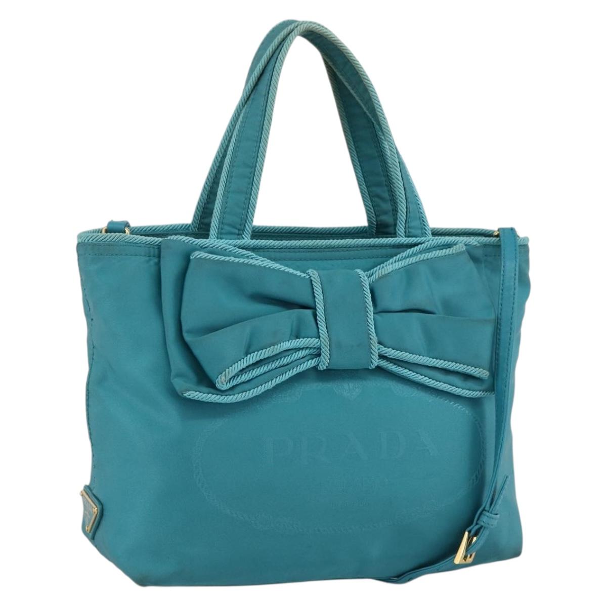 PRADA Ribbon Hand Bag Nylon 2way Light Blue Gold Auth ka2797