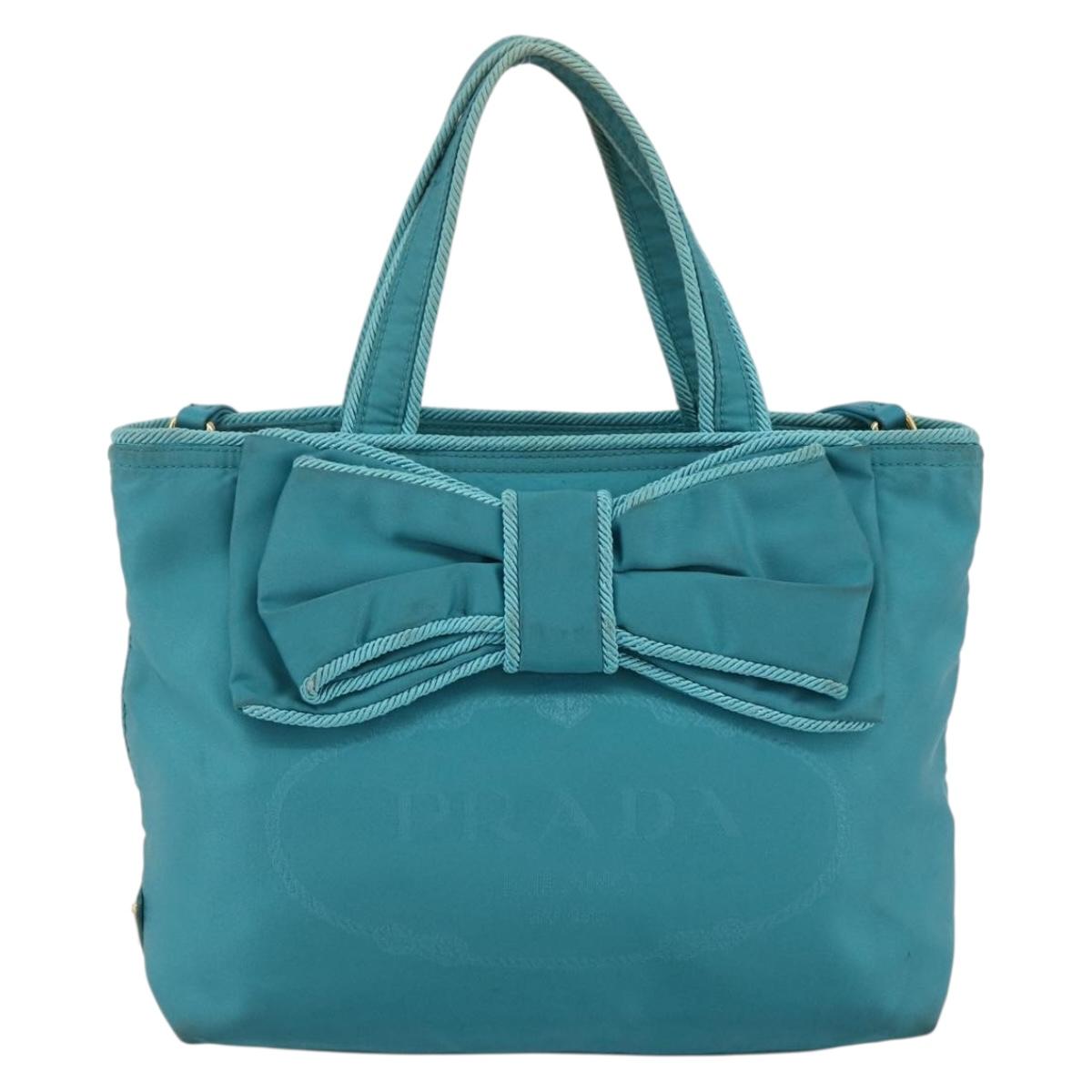 PRADA Ribbon Hand Bag Nylon 2way Light Blue Gold Auth ka2797