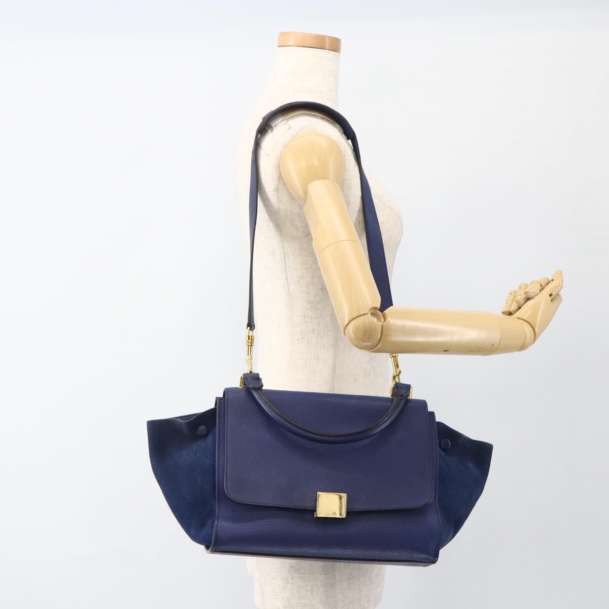 CELINE Trapeze Hand Bag Suede Leather 2way Blue Gold Auth ka2823