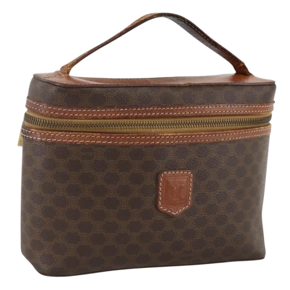 CELINE Macadam Canvas Vanity Hand Bag PVC Leather Brown Gold Auth ka2851