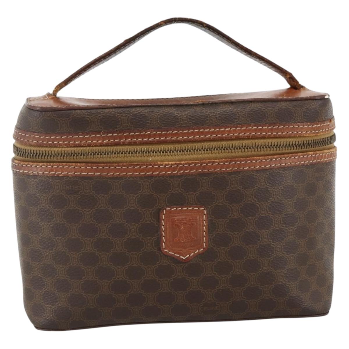 CELINE Macadam Canvas Vanity Hand Bag PVC Leather Brown Gold Auth ka2851
