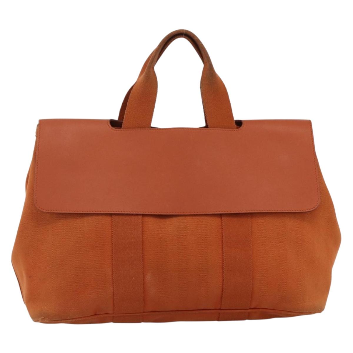 HERMES Valparaiso MM Hand Bag Canvas Leather Orange Silver Auth ka2867