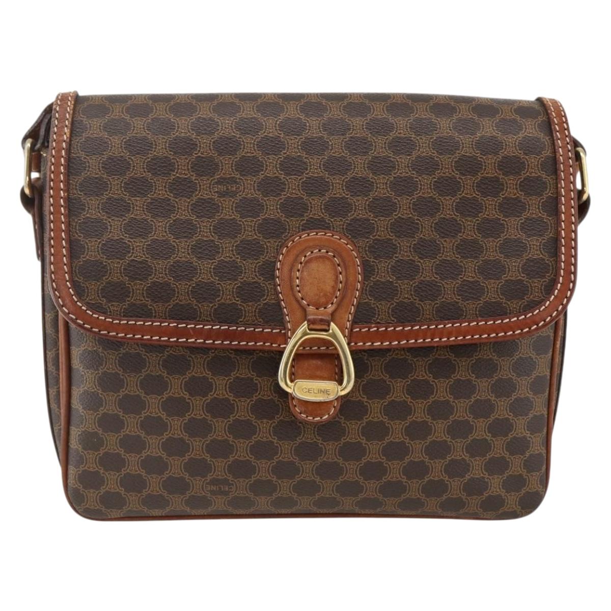 CELINE Macadam Canvas Shoulder Bag PVC Leather Brown Gold Auth ka2871