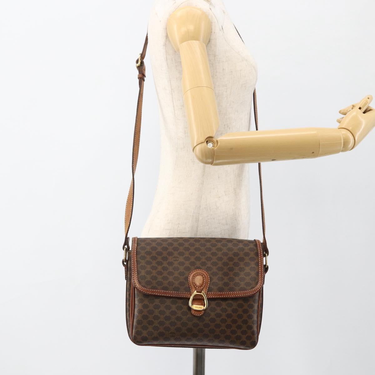 CELINE Macadam Canvas Shoulder Bag PVC Leather Brown Gold Auth ka2871