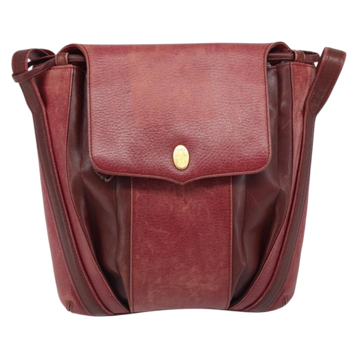 CARTIER Shoulder Bag Leather Red Gold Auth ka2873