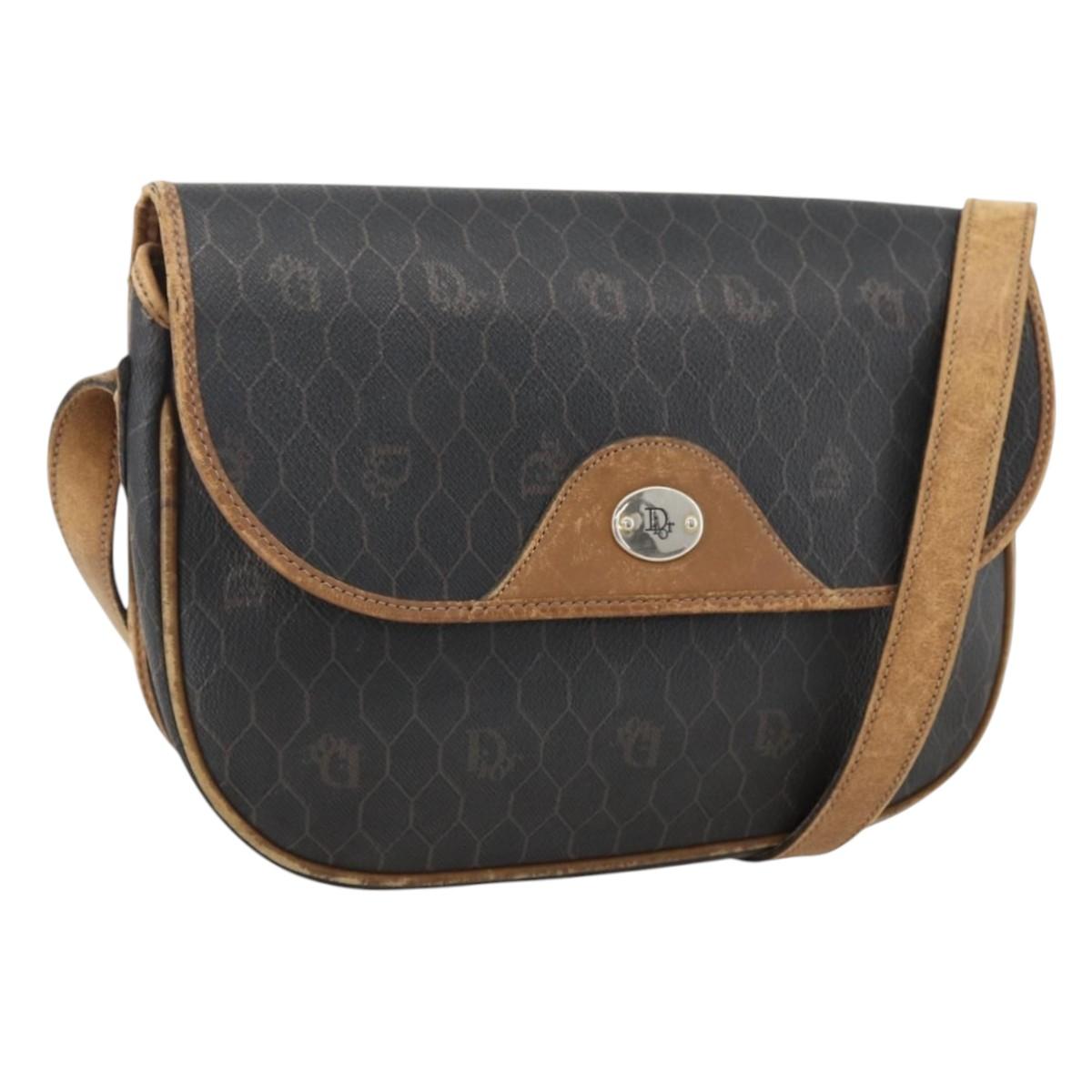 Christian Dior Honeycomb Canvas Shoulder Bag PVC Black Gold Auth ka2876