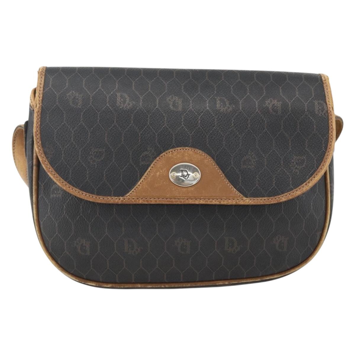 Christian Dior Honeycomb Canvas Shoulder Bag PVC Black Gold Auth ka2876