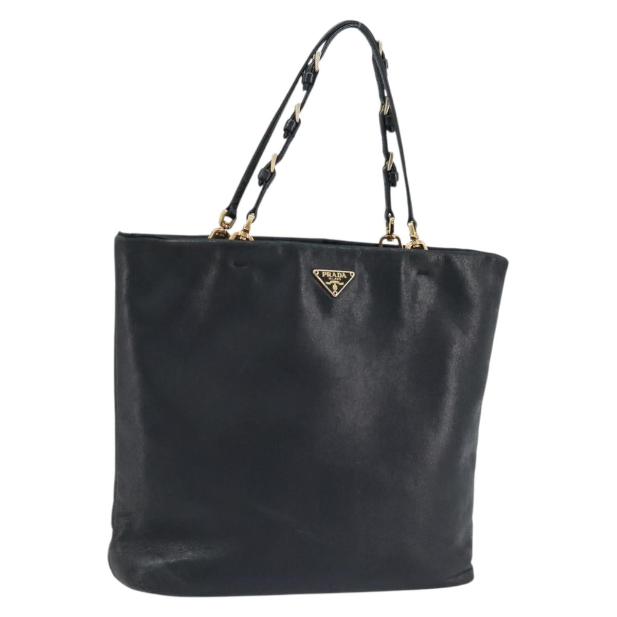 PRADA Hand Bag Leather Black Gold Auth ka2898A