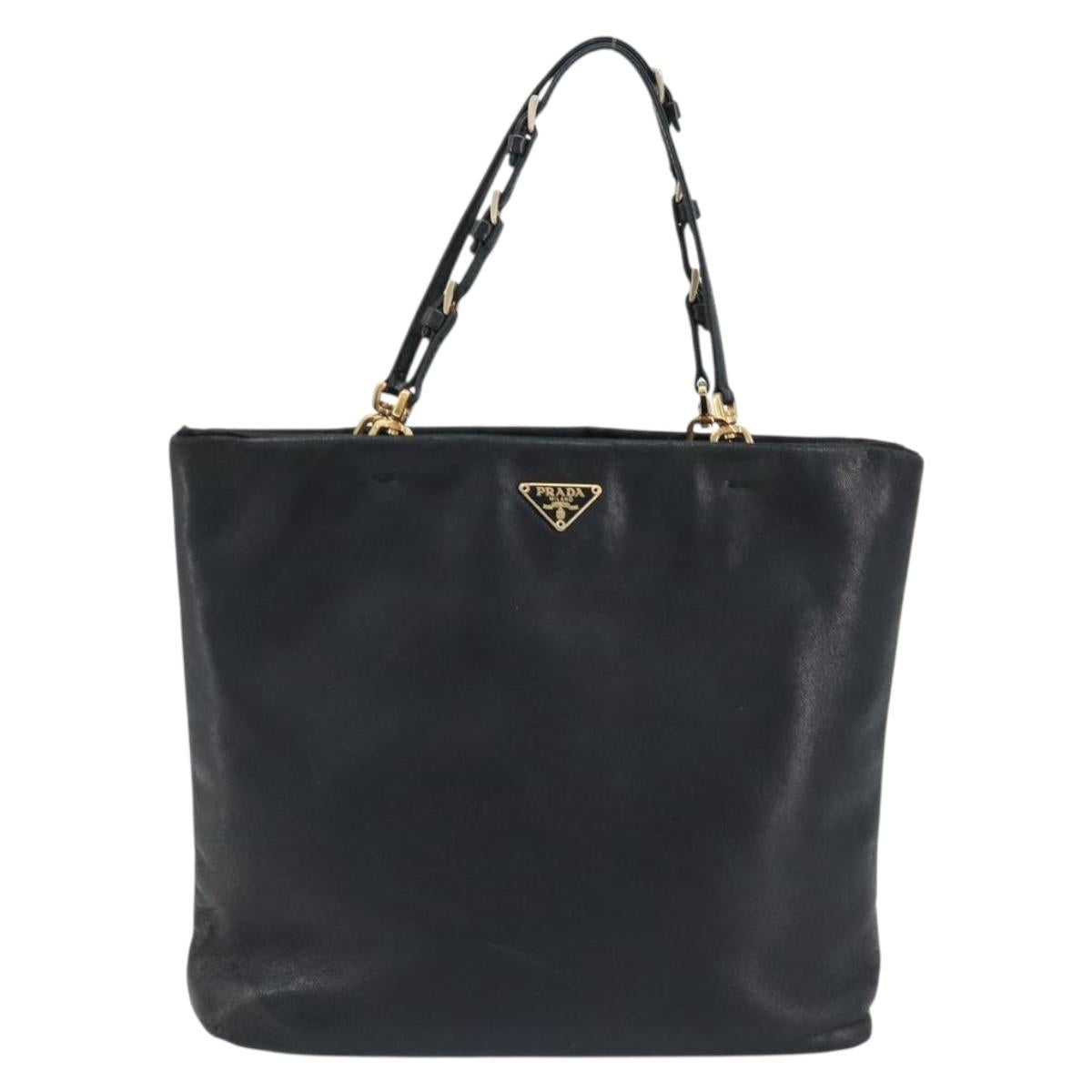 PRADA Hand Bag Leather Black Gold Auth ka2898A