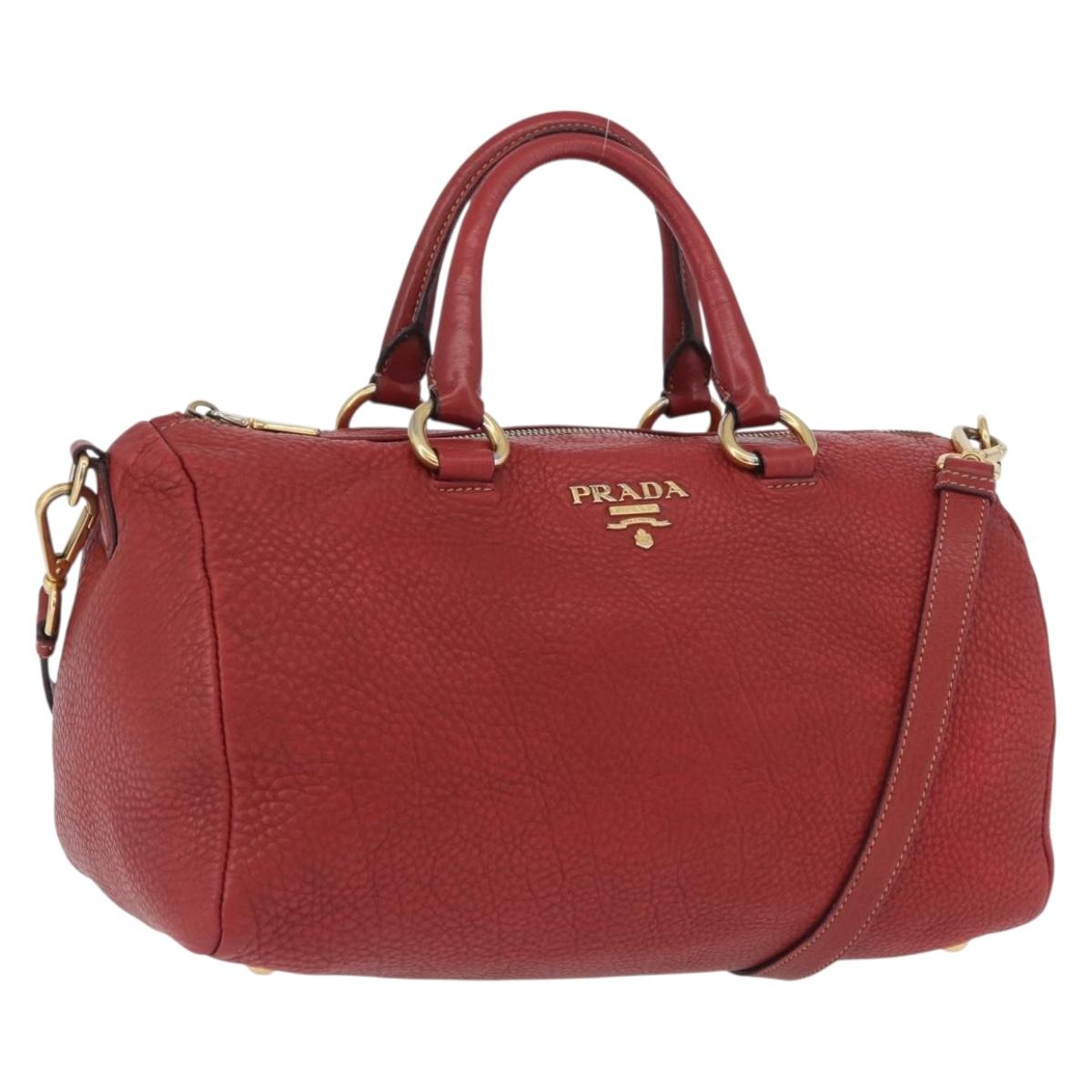 PRADA Hand Bag Leather 2way Red Gold Auth ka2905