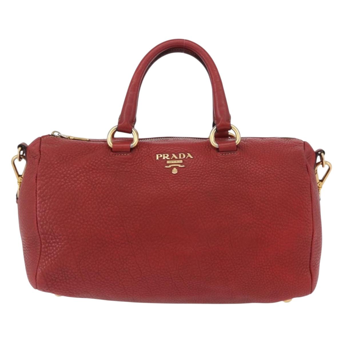 PRADA Hand Bag Leather 2way Red Gold Auth ka2905