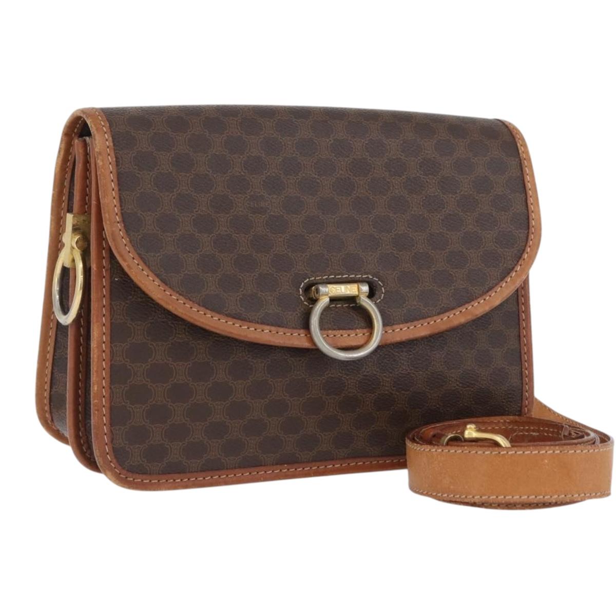 CELINE Macadam Canvas Shoulder Bag PVC Leather Brown Gold Auth ka2908