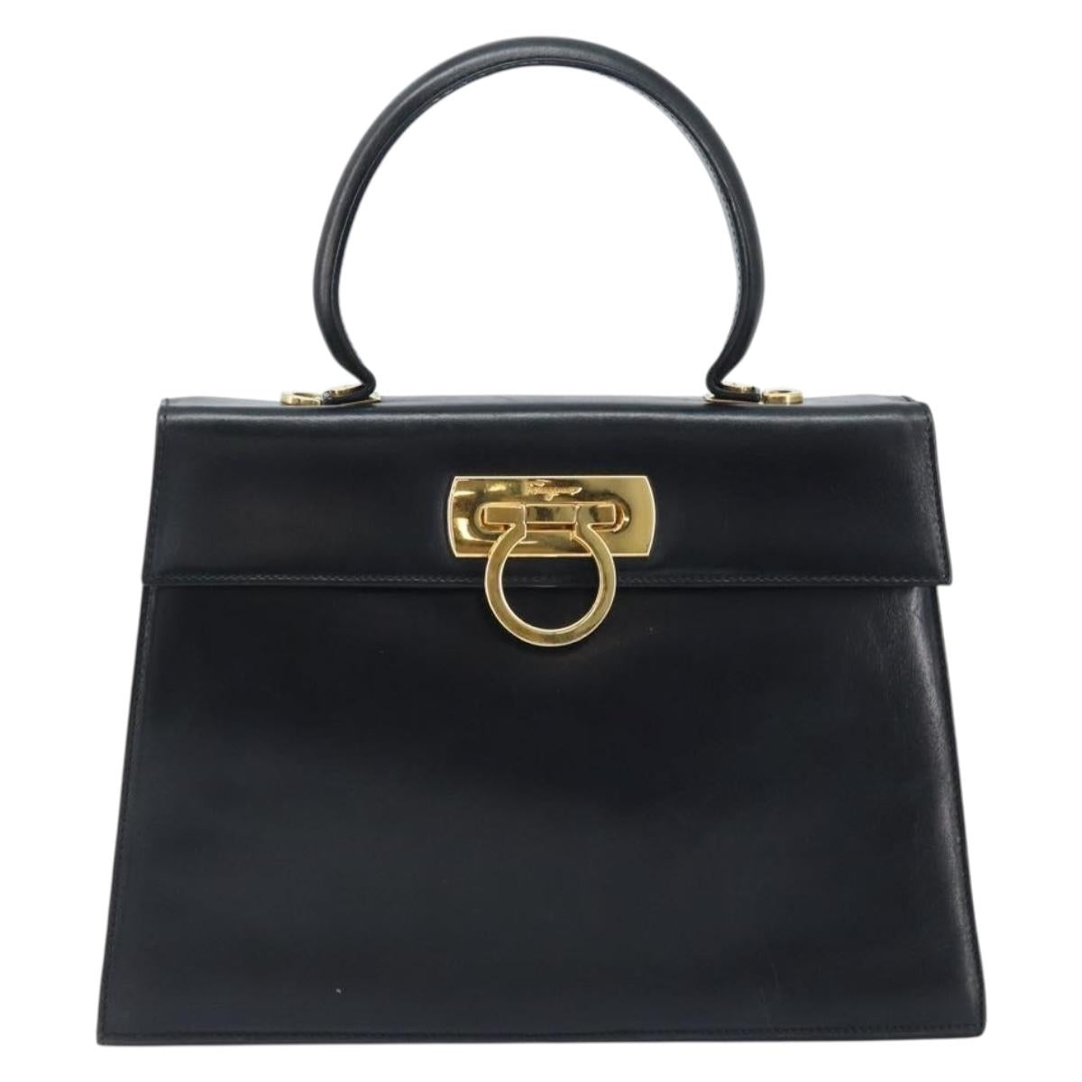 Salvatore Ferragamo Gancini Hand Bag Leather Black Gold Auth ka2938