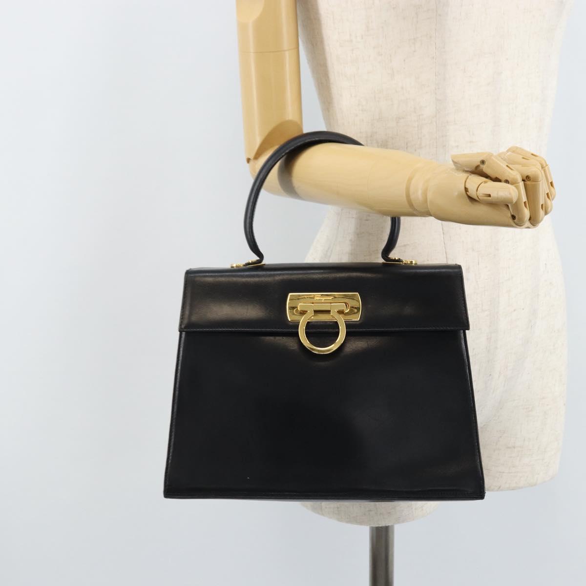 Salvatore Ferragamo Gancini Hand Bag Leather Black Gold Auth ka2938