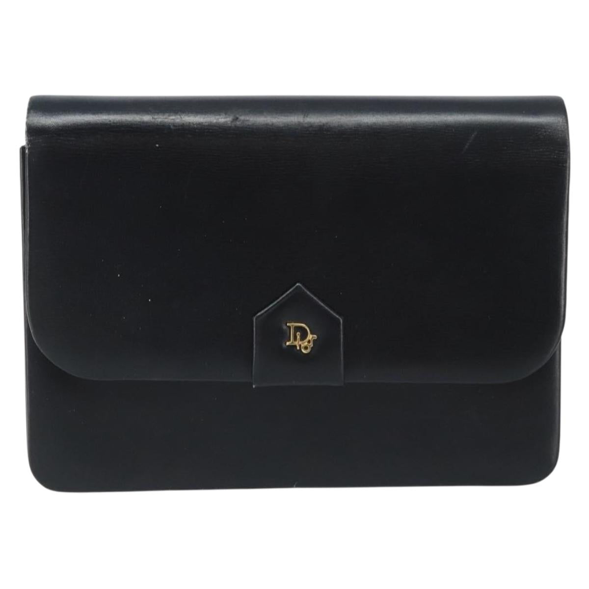 Christian Dior Chain Shoulder Bag Leather Black Gold Auth ka2947A