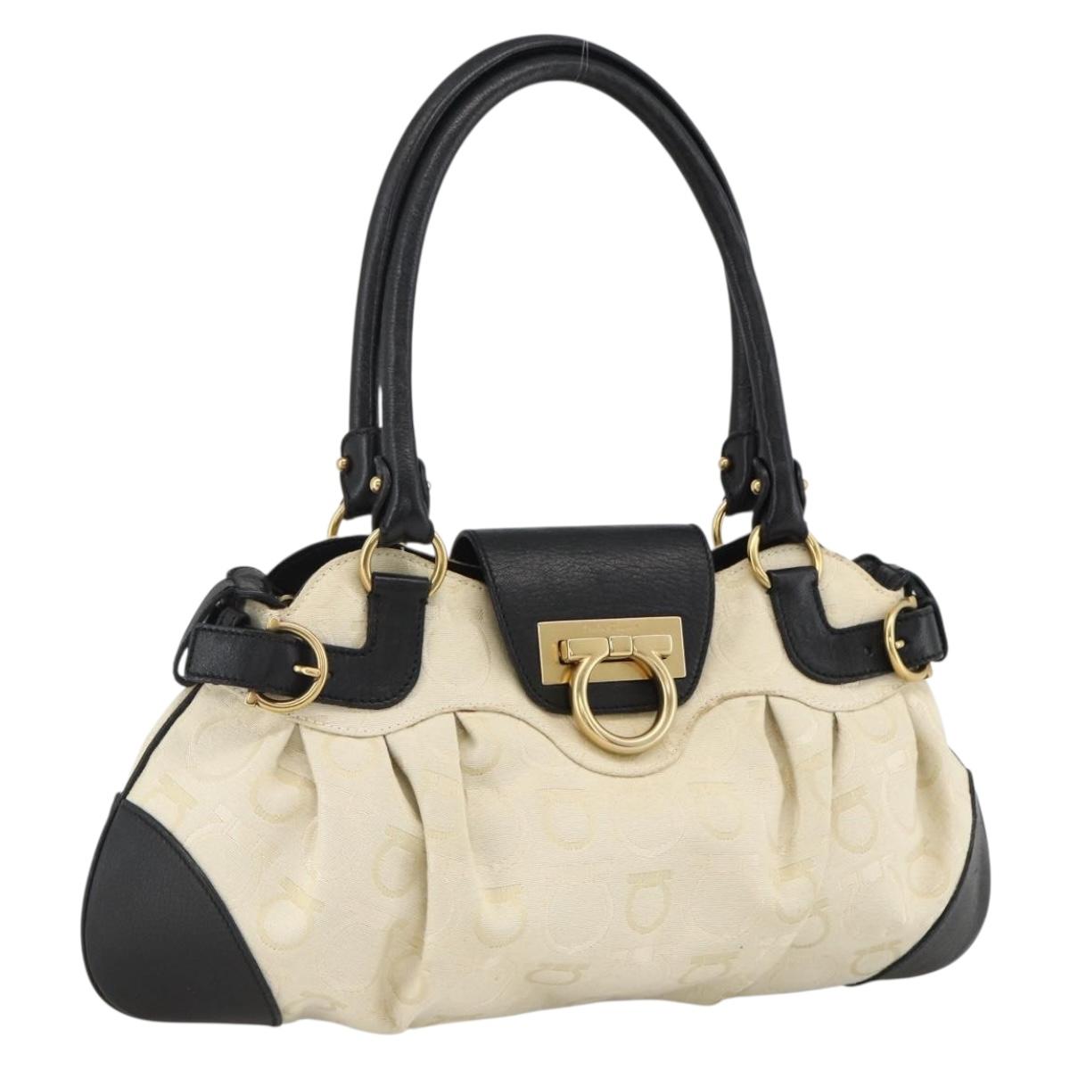 Salvatore Ferragamo Hand Bag Canvas Beige Black Auth ka2979