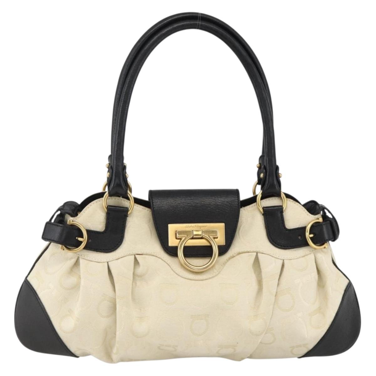 Salvatore Ferragamo Hand Bag Canvas Beige Black Auth ka2979
