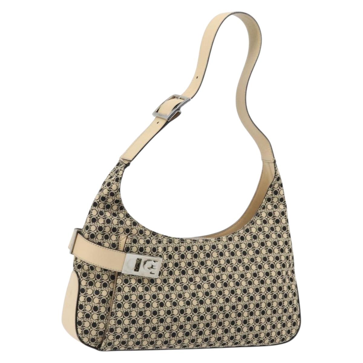 Salvatore Ferragamo Gancini Shoulder Bag Canvas Beige Silver Auth ka2988