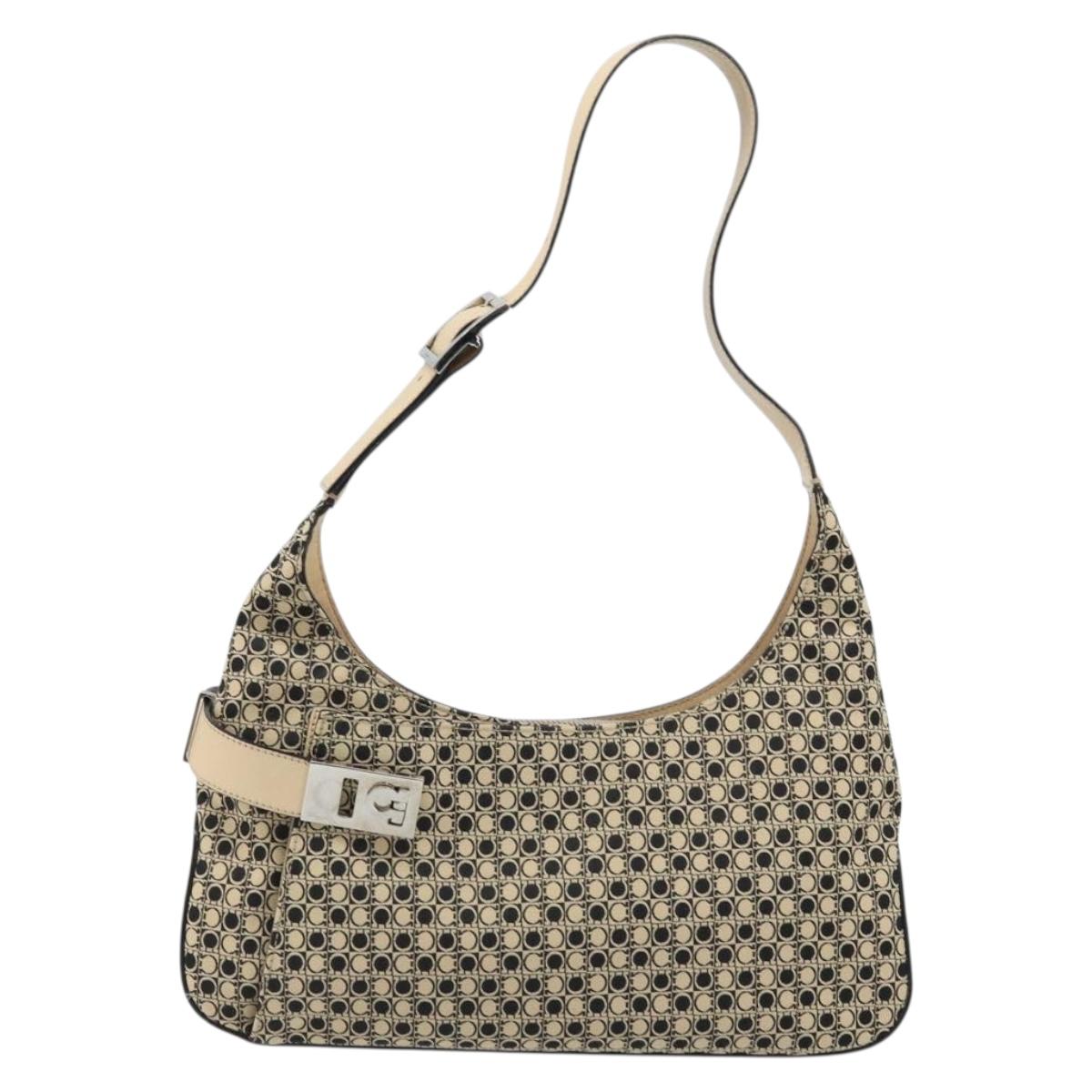 Salvatore Ferragamo Gancini Shoulder Bag Canvas Beige Silver Auth ka2988