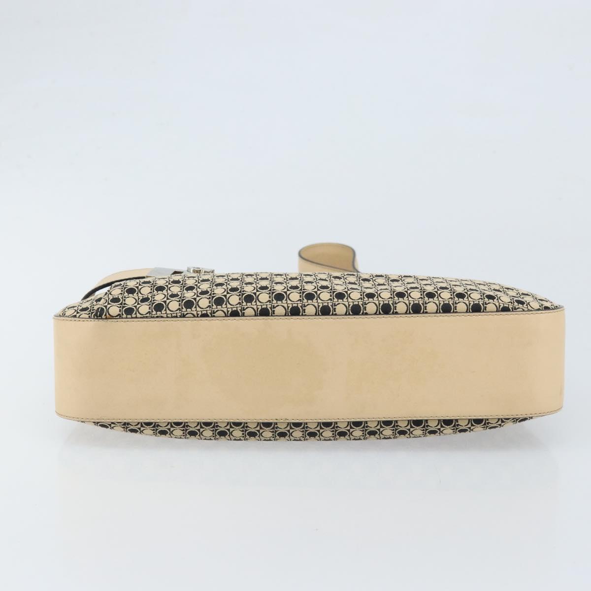 Salvatore Ferragamo Gancini Shoulder Bag Canvas Beige Silver Auth ka2988