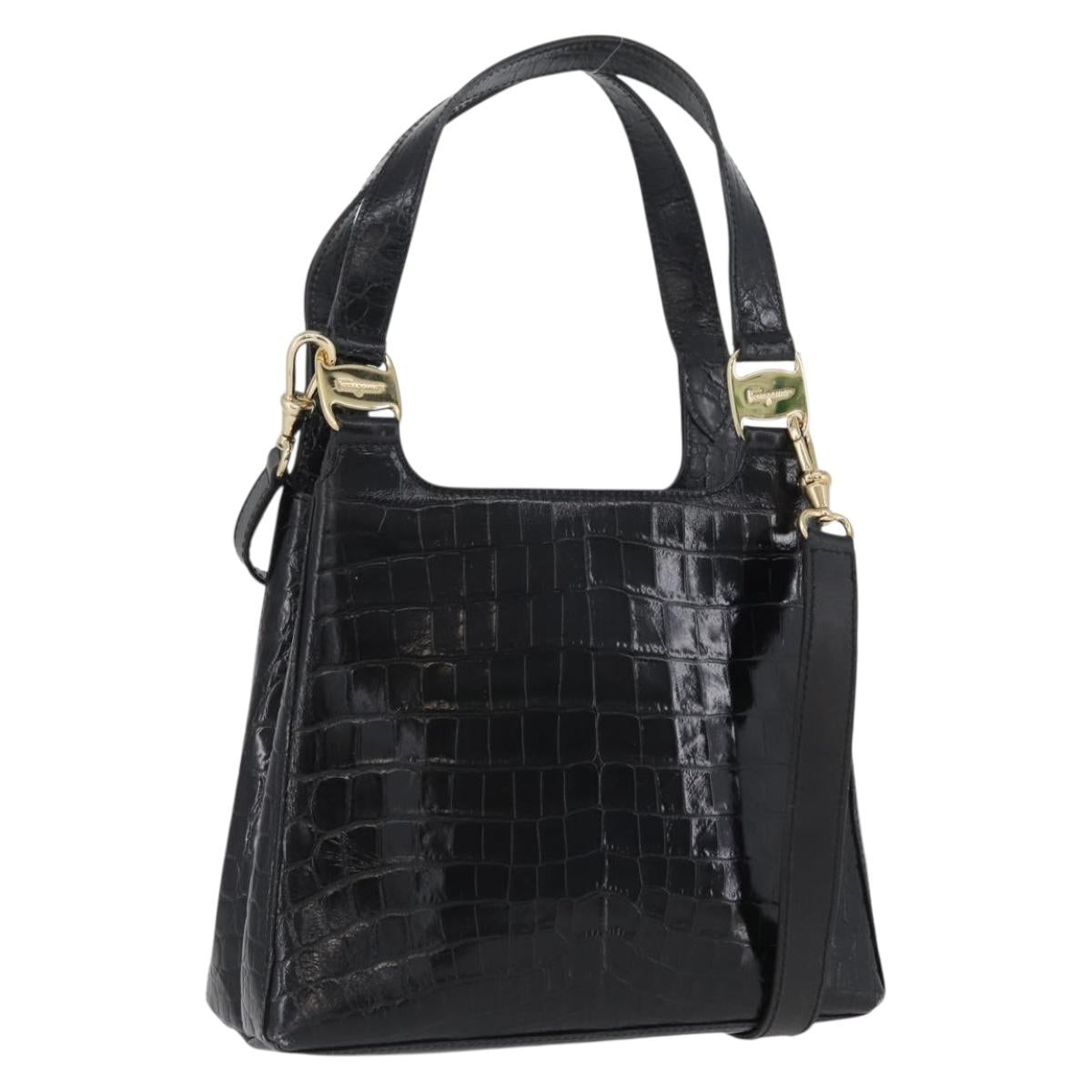 Salvatore Ferragamo Hand Bag Leather 2way Black Gold Auth ka3030