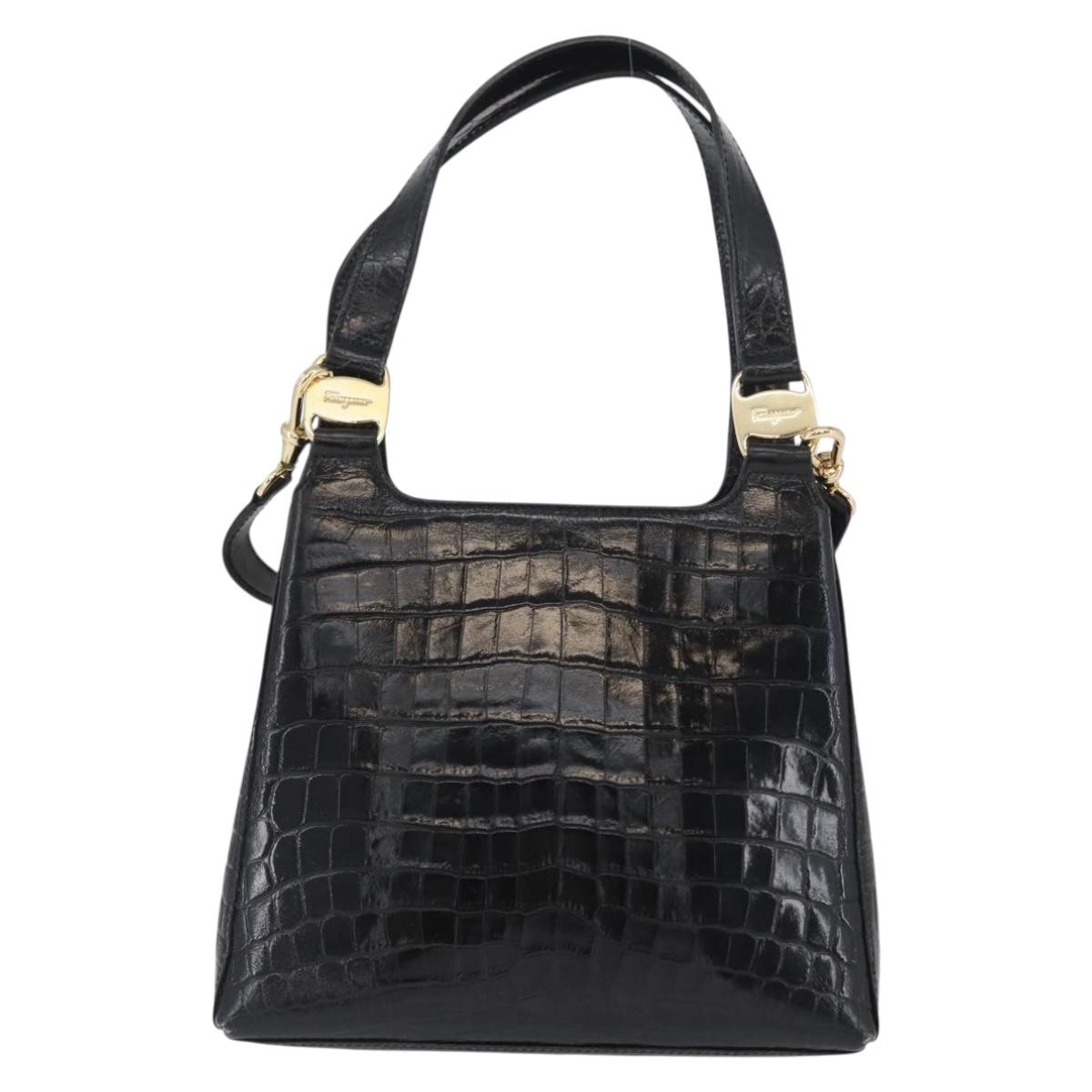 Salvatore Ferragamo Hand Bag Leather 2way Black Gold Auth ka3030