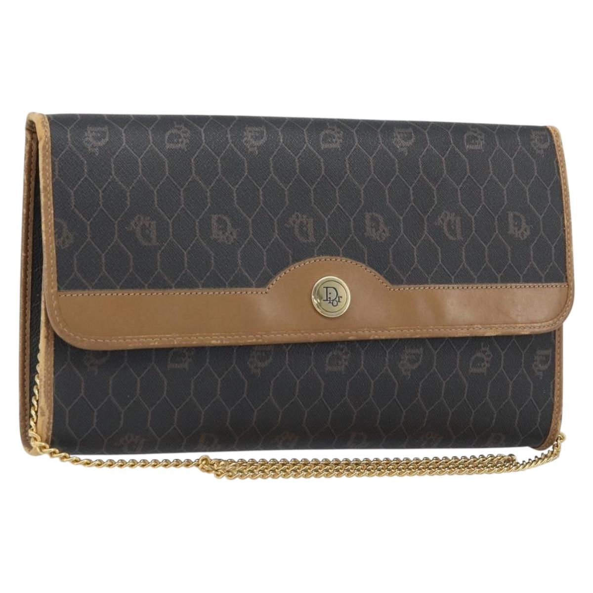 Christian Dior Honeycomb Canvas Chain Shoulder Bag PVC Black Gold Auth ka3038