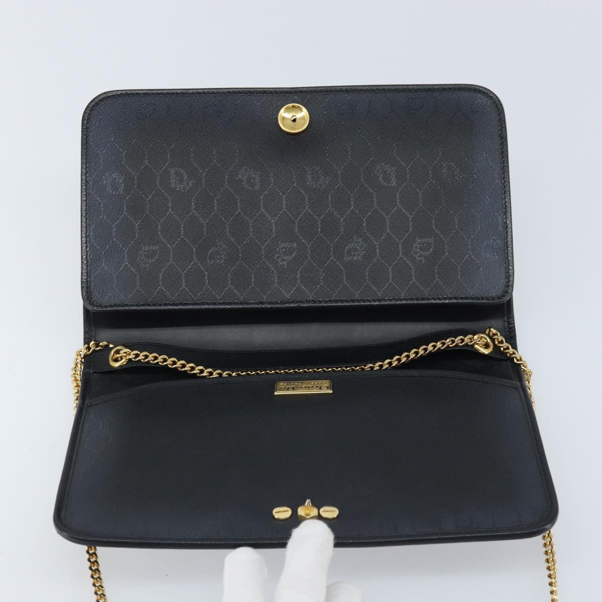 Christian Dior Honeycomb Canvas Chain Bag Leather Black Gold Auth ka3067