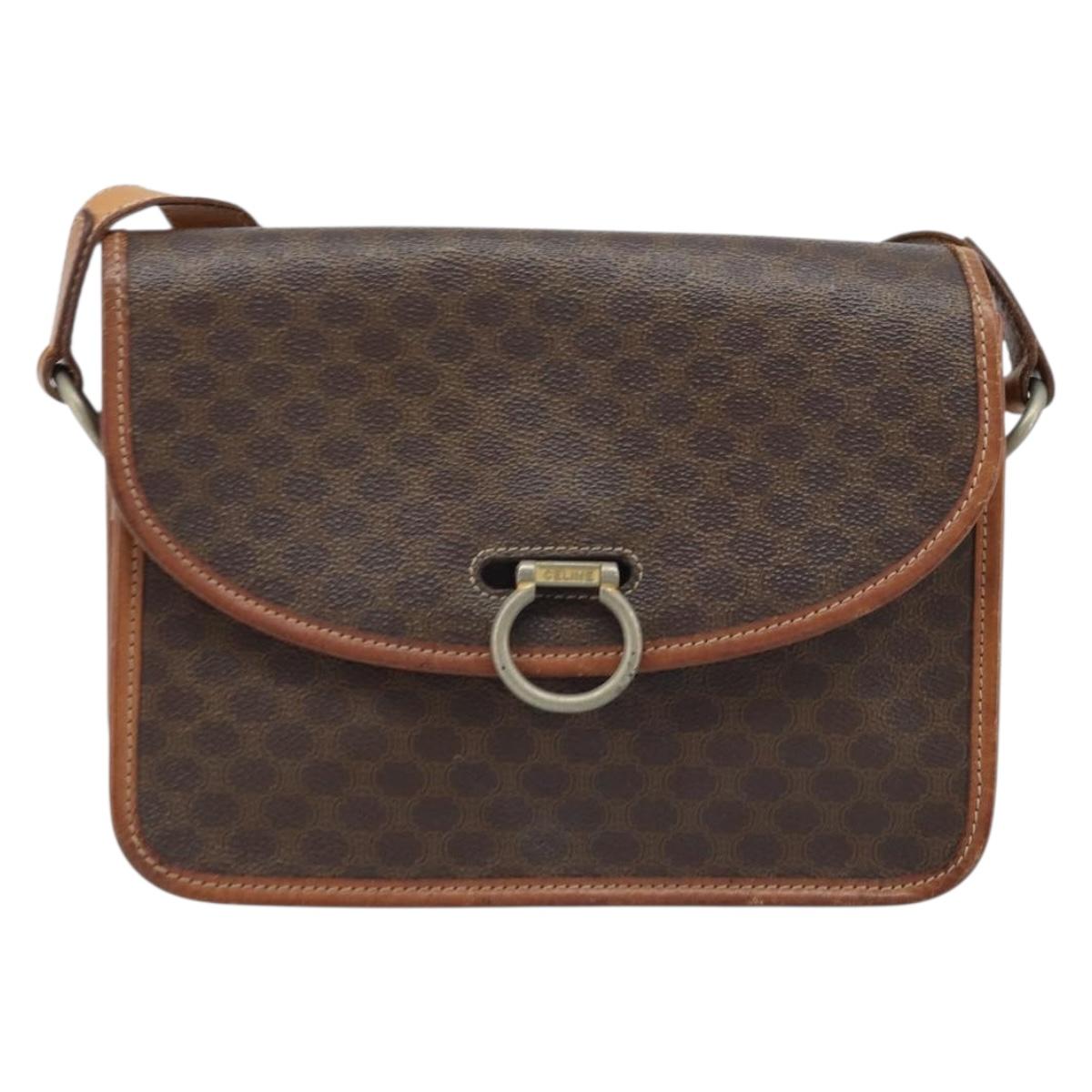CELINE Macadam Canvas Shoulder Bag PVC Leather Brown Gold Auth ka3071
