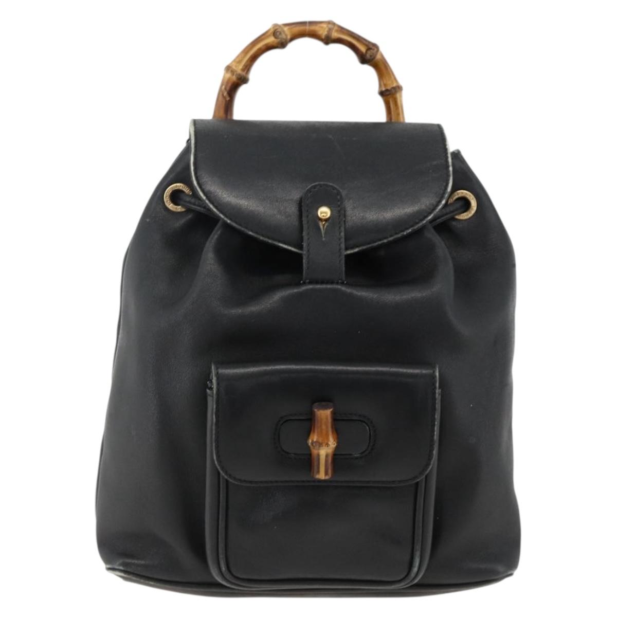 GUCCI Bamboo Backpack Leather Black Gold 003 2034 0030 Auth ka3090