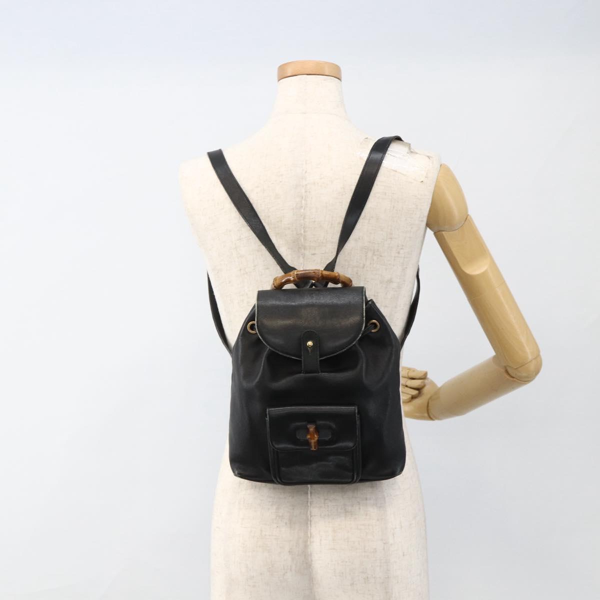 GUCCI Bamboo Backpack Leather Black Gold 003 2034 0030 Auth ka3090