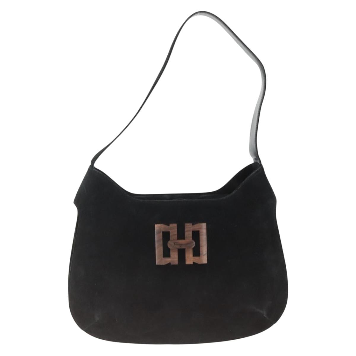 Salvatore Ferragamo Shoulder Bag Suede Black Gold Auth ka3091A